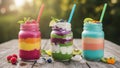 Colorful Layered Fruit Smoothies in Glass Jars Royalty Free Stock Photo